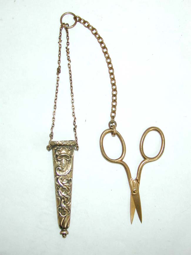 An Antique Victorian 14 k Gold Scissors, Gold Chain and Gilt Silver Case circa 1880