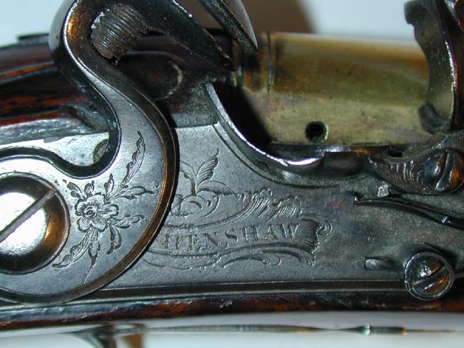 A Nice Pair of Silver-Mounted Flintlock Holster Pistols with Brass Barrels signed 'J. Henshaw, London,' one hallmarked 1749, the other 1754 — image 4