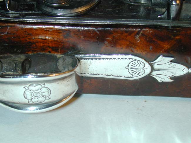 A Nice Pair of Silver-Mounted Flintlock Holster Pistols with Brass Barrels signed 'J. Henshaw, London,' one hallmarked 1749, the other 1754 — image 5