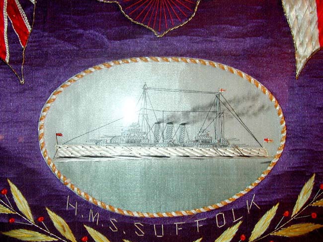 A Fine Sailor's Silkwork Featuring a Depiction of H.M.S. SUFFOLK and a photo of the Ship's Captain circa 1930 — image 3