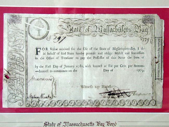 A Revolutionary War period State of Massachusetts Bay Bond payable on January 1, 1780.
