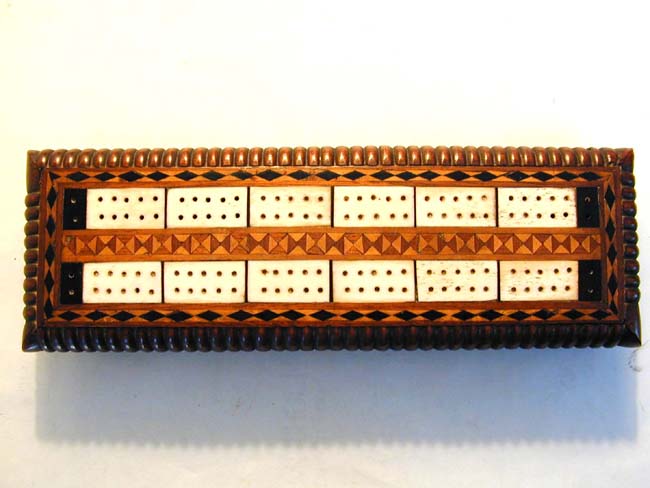 An Attractive Antique Ivory Inlaid Walnut Cribbage Board with Four Ivory Markers circa 1875 — image 2