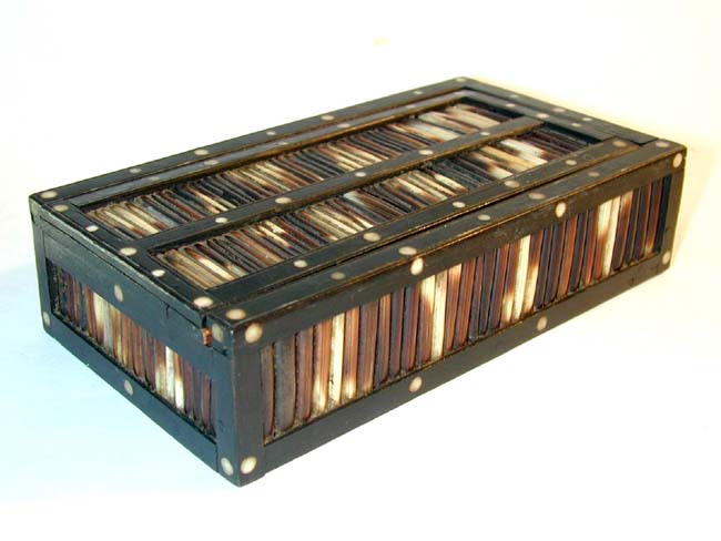 A Beautiful Set of 28 Antique Bone and Ebony Dominoes together with an Antique Porcupine Quill and Inlaid Ivory Box circa 1875 — image 2