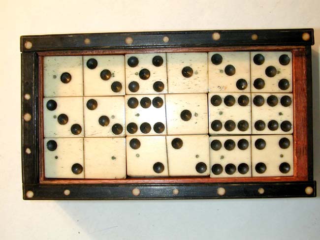 A Beautiful Set of 28 Antique Bone and Ebony Dominoes together with an Antique Porcupine Quill and Inlaid Ivory Box circa 1875 — image 3