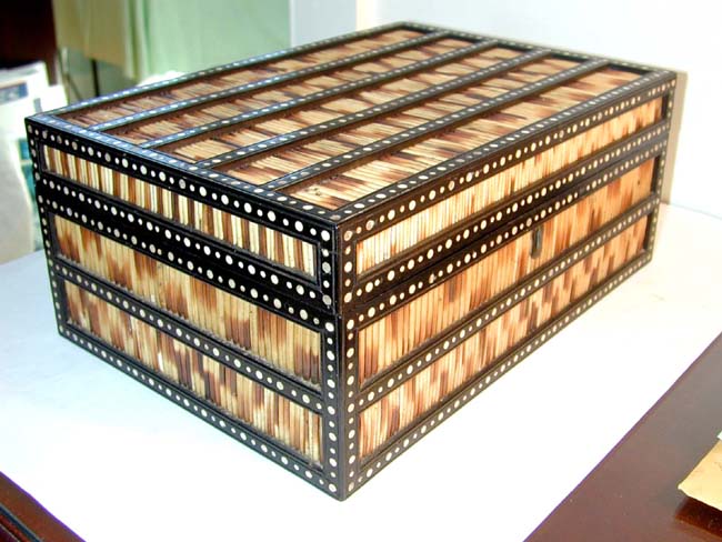 A Beautiful Anglo-Indian Porcupine Quill, Ebony and Inlaid Ivory Box with Nine Lidded Compartments circa 1875.
