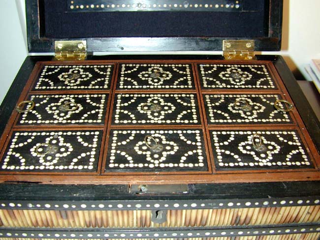 A Beautiful Anglo-Indian Porcupine Quill, Ebony and Inlaid Ivory Box with Nine Lidded Compartments circa 1875. — image 3