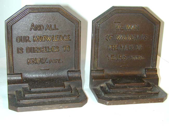 A Pair of Antique Bookends by Bradley & Hubbard Featuring Quotes by Pope and Young circa 1920