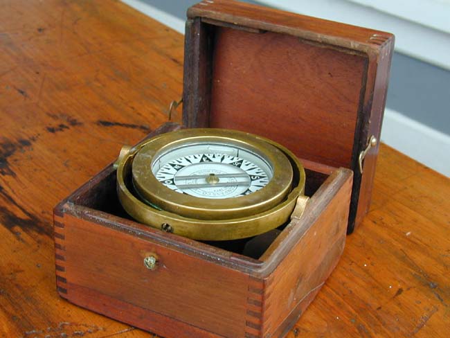 A Nice Late 19th century boxed Lifeboat Compass made by the Baker Compass Co., Melrose, Mass.