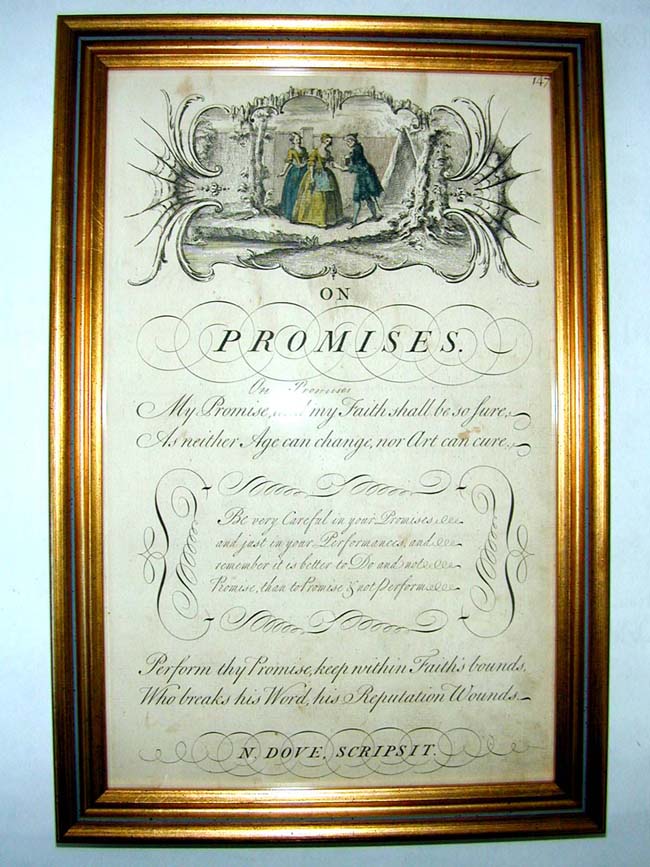An 18th century engraving entitled 'ON PROMISES' published in 1741 by George Bickham