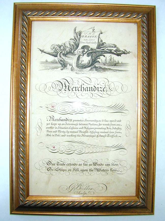 A Wonderful 18th century engraving entitled 'MERCHANDIZE' published by George Bickham in 1741