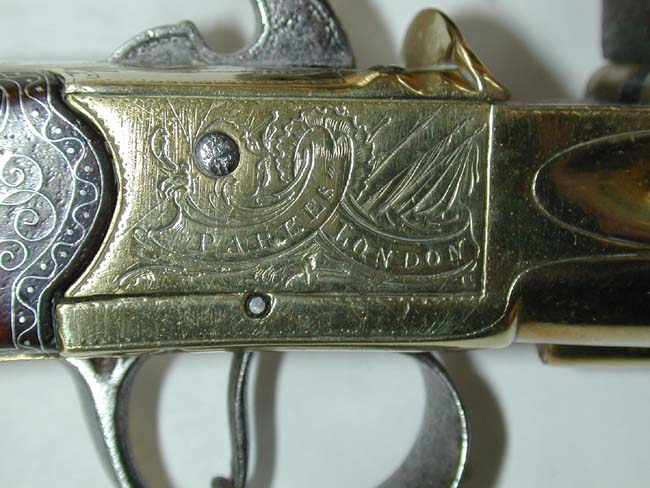 A Magnificent 18th century British Double Barrelled   Silver mounted Flintlock Pistol by John Parkes of London circa 1770. — image 8