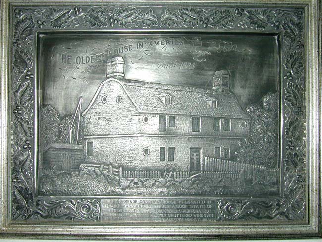 An Interesting late 19th century metal Placque depicting the Governor Cradock House in Medford, Mass, 'The Oldest House in America, Built 1634'