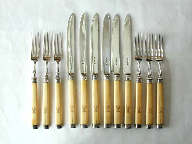 A Fine Set of Victorian Silver Fruit Forks and Knives with Bone Handles by Martin Hall, Sheffield, 1898.
