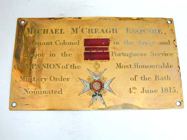 A Rare and Historic Westminster Abbey Stall Plate of Lt. Col. Michael McCreagh, Companion of the Military Order of the Bath, Nominated June 4, 1815.