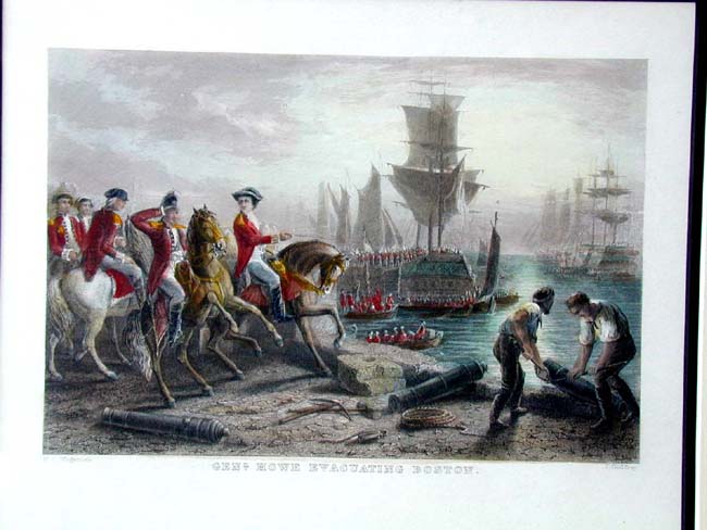 A Fine 19th century hand colored Engraving entitled "General Howe Evacuating Boston"
