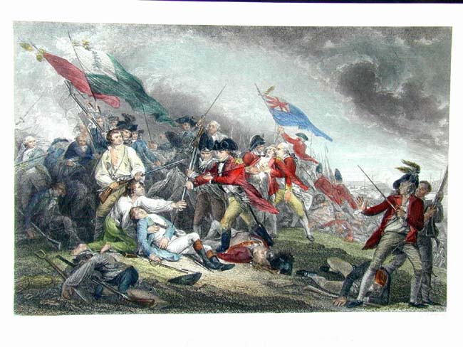 A Beautiful Hand Colored 19th century engraving depicting the Battle of Bunker Hill, June 7, 1775