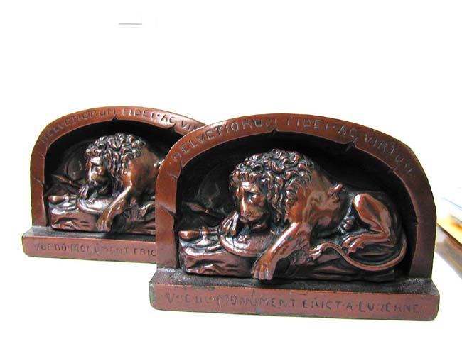 A Rare and Outstanding Pair of Antique Bronze Finish Bookends Depicting the Lion of Lucerne circa 1925.