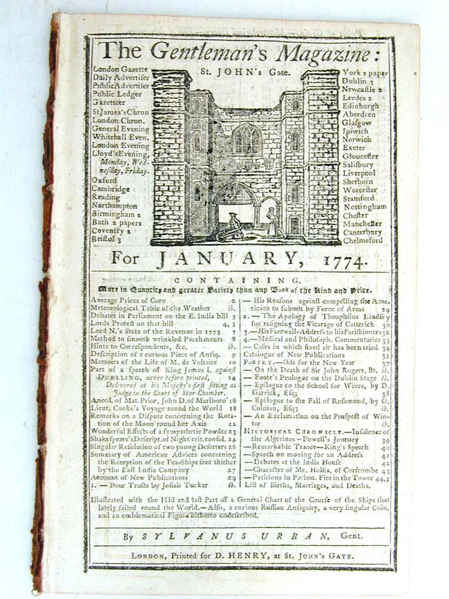 A Rare Original Account of the BOSTON TEA PARTY as reported in 'The Gentleman's Magazine' published in London in January 1774.