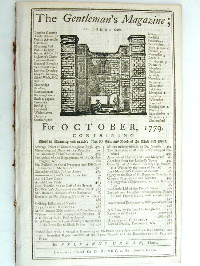 A Rare Early Account of JOHN PAUL JONES" famous Naval Victory over the HMS Serapis, published in The Gentleman's Magazine, October 1779.