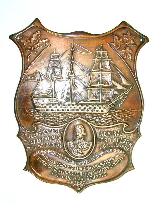 An engraved Admiral Lord Nelson Memorial Plaque made from copper taken from HMS VICTORY and dated 1907