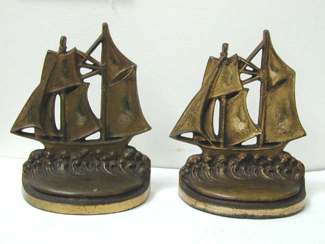 A Pair of Antique Bookends by Bradley & Hubbard depicting a two-masted schooner circa 1925