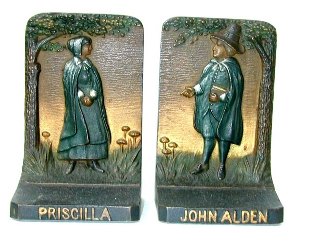 A pair of Antique Bookends by Bradley & Hubbard depicting John Alden & Priscilla circa 1910