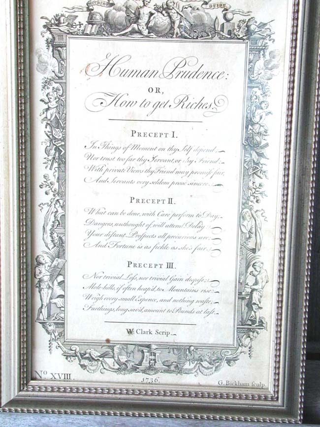 A Charming 18th century engraving entitled 'Human Prudence' taken from George Bickham's 'The Universal Penman' published in London in 1736.