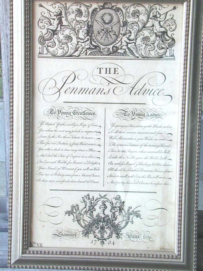 A Wonderul 18th century engraving entitled 'Penman's Advice' taken from George Bickham's 'Universal Penman' published in London in 1734.