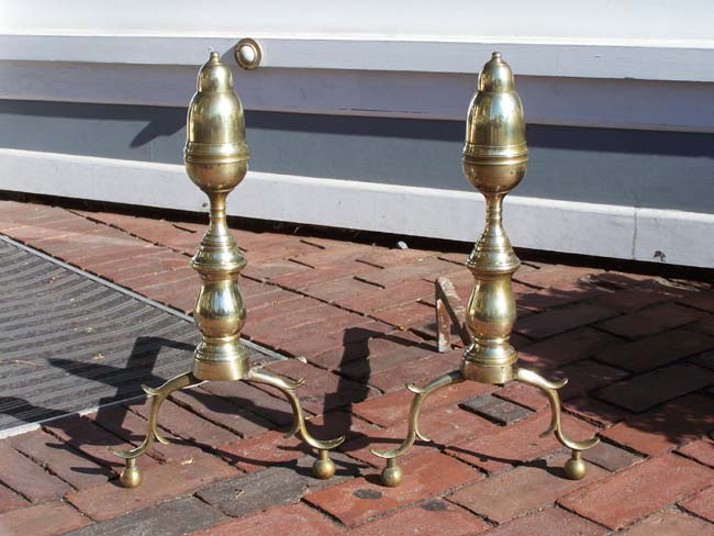 A Nice Pair of Antique Brass "Acorn" Top Andirons, probably Boston circa 1800-1820