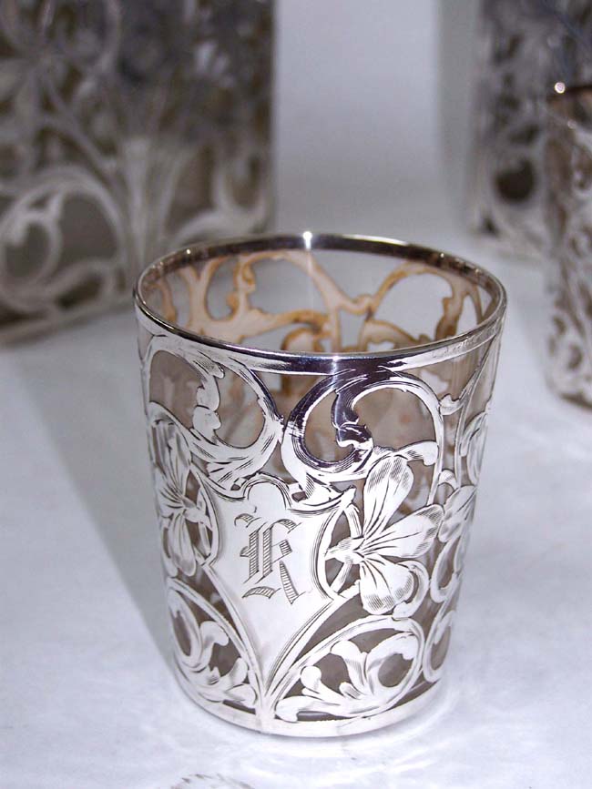 A Beautiful Pair of Late 19th century Silver Overlay Decanters with Four Matching Tumblers — image 4
