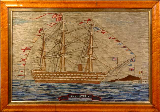 Large Victorian sailor-made Woolwork Picture of H.M.S. Victoria.