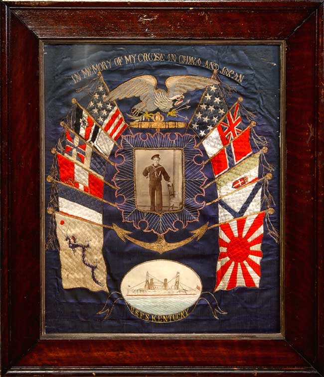 Commemorative Chinese Silkwork of the U.S. Flag Ship Kentucky and one of her sailors circa 1904.