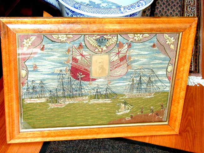 Rare 19th Century English Woolwork Picture Depicting The Bombardment of Alexandria