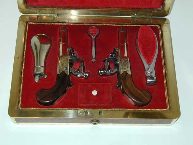 A Rare Cased Set of Paktong Mounted Flintlock Pocket Pistols circa 1790. — image 2