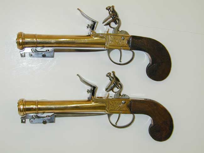 Pair of Brass Framed Flintlock Box-Lock Boarding Pistols circa 1790