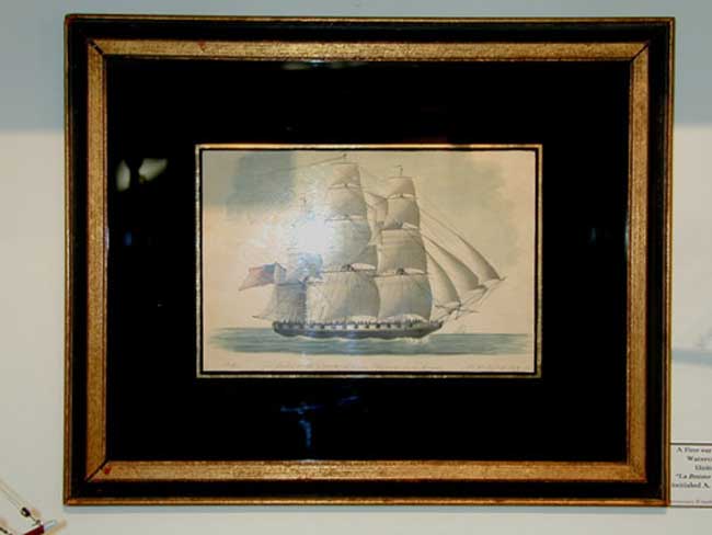 Watercolor, pen and ink Drawing Dated 1828 of the U.S. Corvette 'La Bonne Citoyenne' on a Cruise 