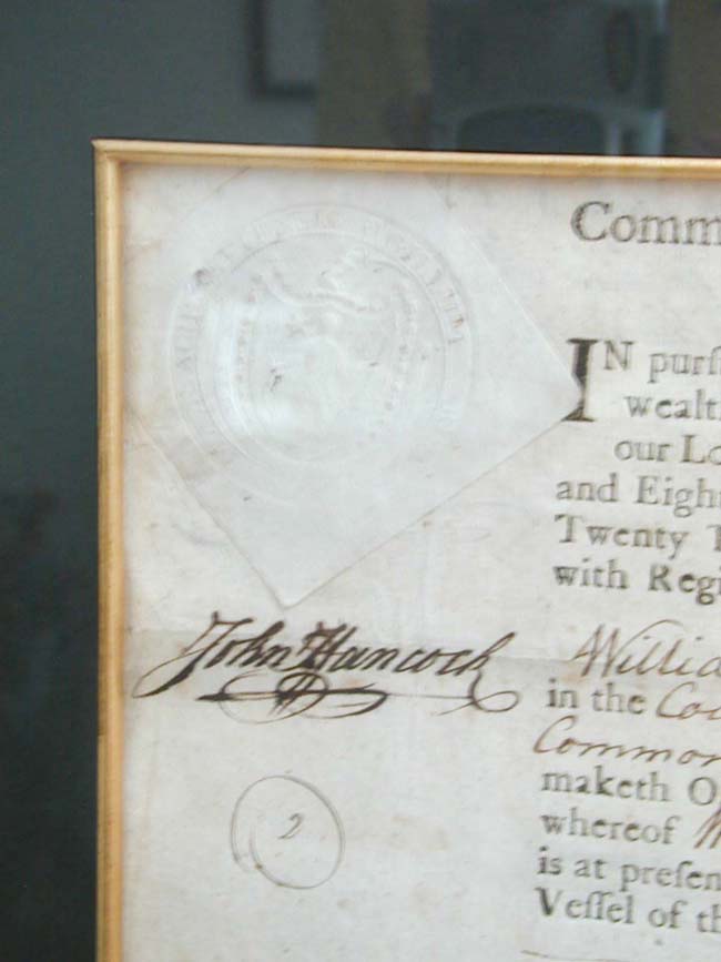 A fine and RARE Revolutionary War period Ships' Registry document for the brigantine 'Betsy' of Nantucket boldly signed on August 7, 1781 by Massachusetts Governor and signer of the Declaration of Independence JOHN HANCOCK. — image 2