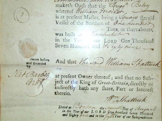 A fine and RARE Revolutionary War period Ships' Registry document for the brigantine 'Betsy' of Nantucket boldly signed on August 7, 1781 by Massachusetts Governor and signer of the Declaration of Independence JOHN HANCOCK. — image 4