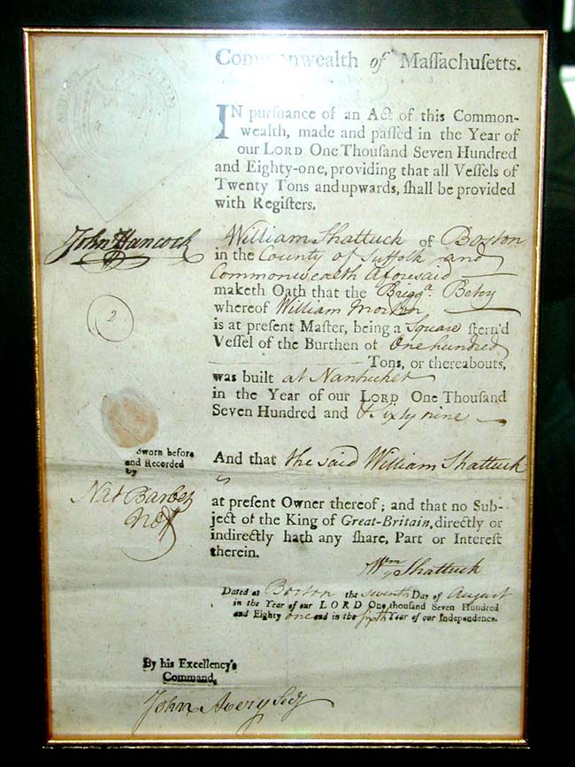 A fine and RARE Revolutionary War period Ships' Registry document for the brigantine 'Betsy' of Nantucket boldly signed on August 7, 1781 by Massachusetts Governor and signer of the Declaration of Independence JOHN HANCOCK. — image 5
