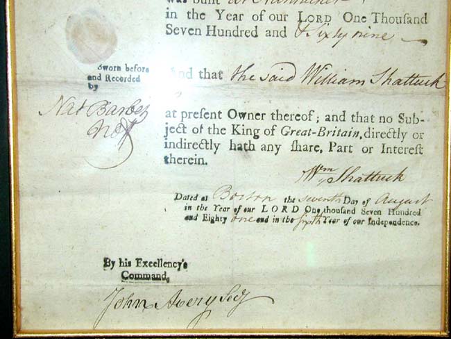 A fine and RARE Revolutionary War period Ships' Registry document for the brigantine 'Betsy' of Nantucket boldly signed on August 7, 1781 by Massachusetts Governor and signer of the Declaration of Independence JOHN HANCOCK. — image 6