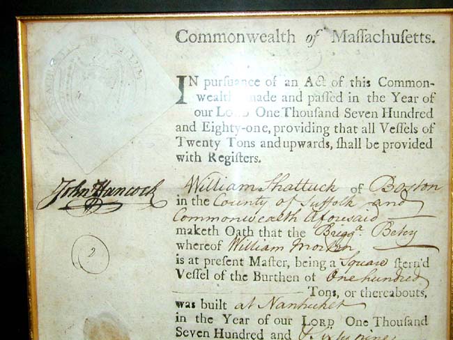 A fine and RARE Revolutionary War period Ships' Registry document for the brigantine 'Betsy' of Nantucket boldly signed on August 7, 1781 by Massachusetts Governor and signer of the Declaration of Independence JOHN HANCOCK. — image 7