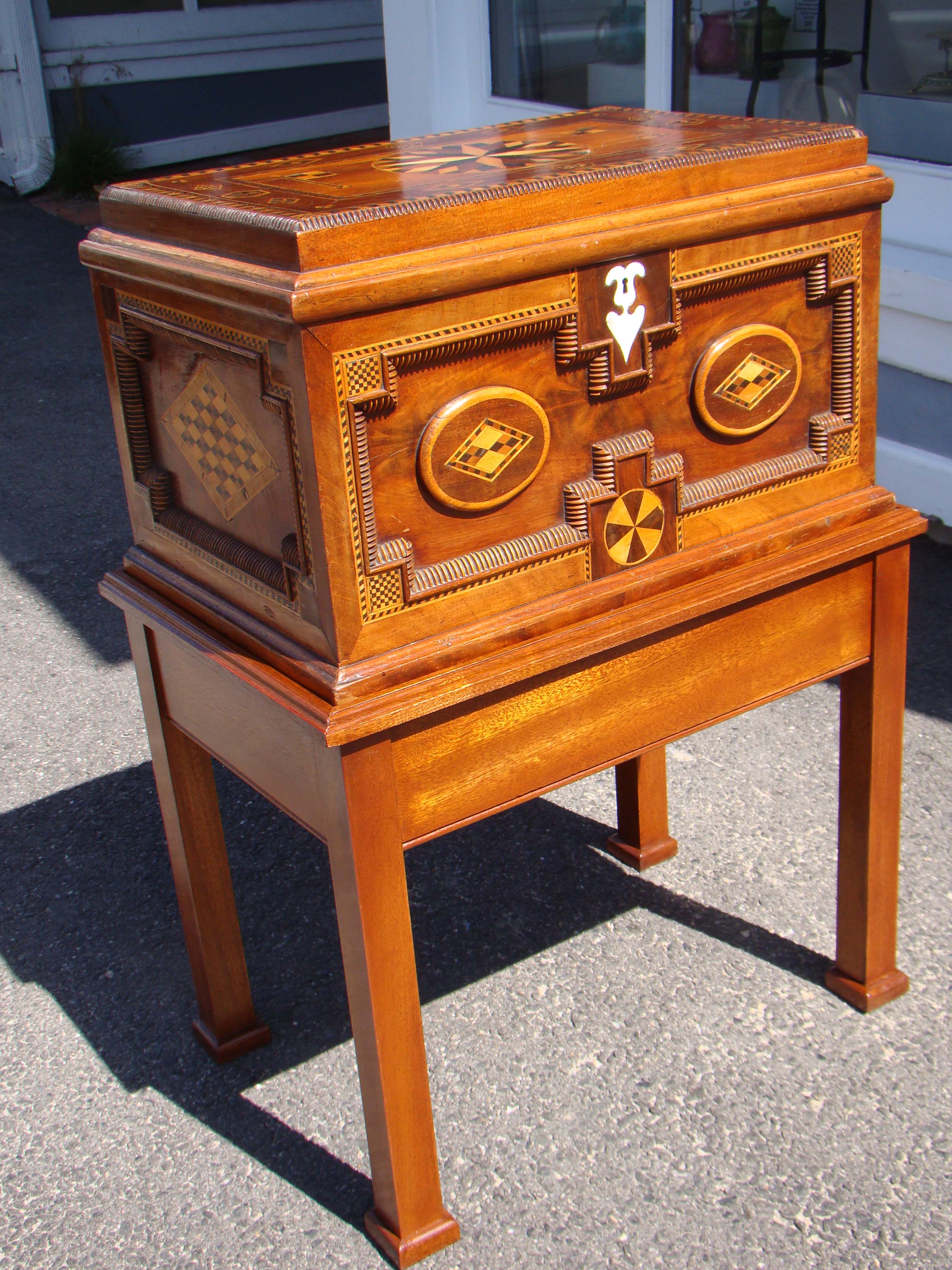 A FABULOUS 19th century British sailor-made walnut chest with applied moldings, fruitwood inlays and a whalebone keyhole escutcheon circa 1865-1880. — image 2