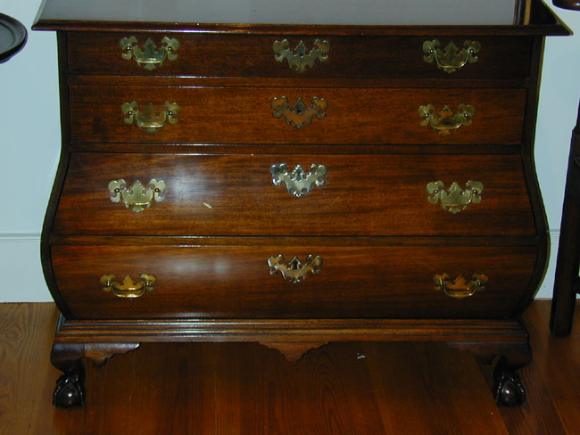 A 20th Century Bench Made Copy of a Boston Bombe Form Chest of Drawers.