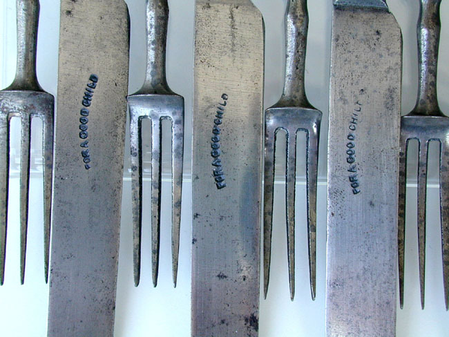 A 19th century Set of Children's Bone Handled Forks and Knives stamped "For a Good Child" circa 1850 — image 2