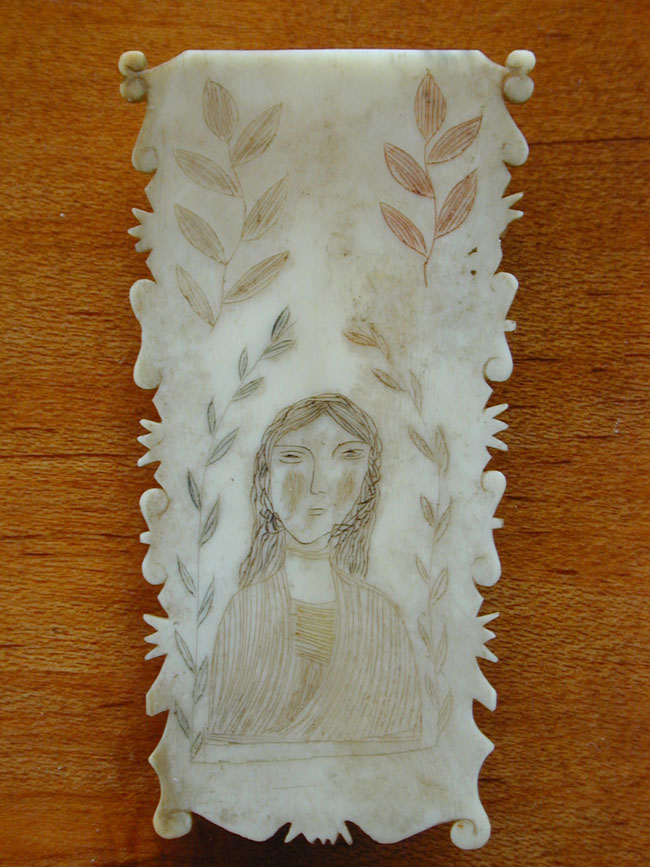A Fine 19th Century Whale Ivory Scrimshawed Needle Holder