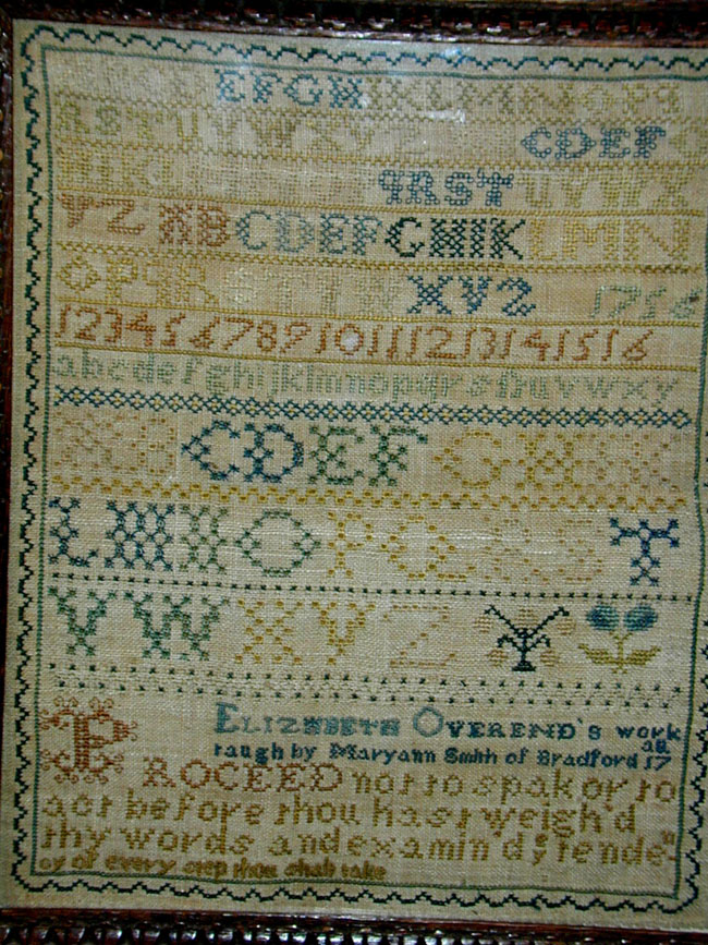 Needlework Sampler by Elizabeth Overend dated 1728