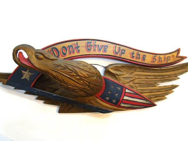 A wonderful vintage (circa 1920) carved "Bellamy" style eagle plaque with banner "Don't Give Up the Ship"