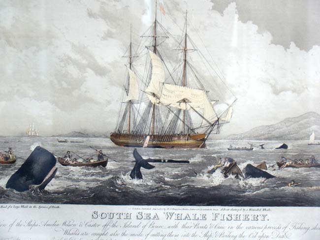 A wonderful hand colored engraving entitled "South Sea Whale Fishery" published in London Jan. 1, 1825
