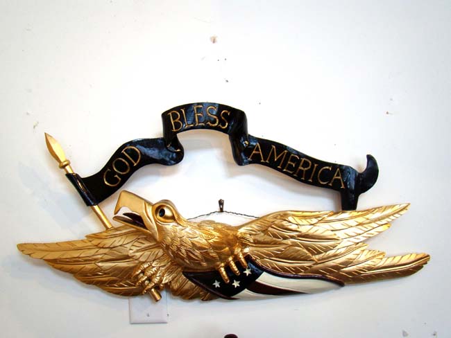A fabulous contemporary carved American eagle plaque with banner reading "GOD BLESS AMERICA" — image 2