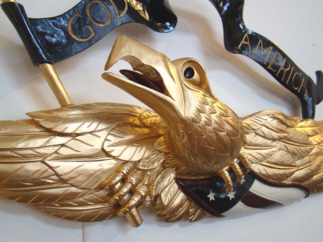 A fabulous contemporary carved American eagle plaque with banner reading "GOD BLESS AMERICA" — image 3